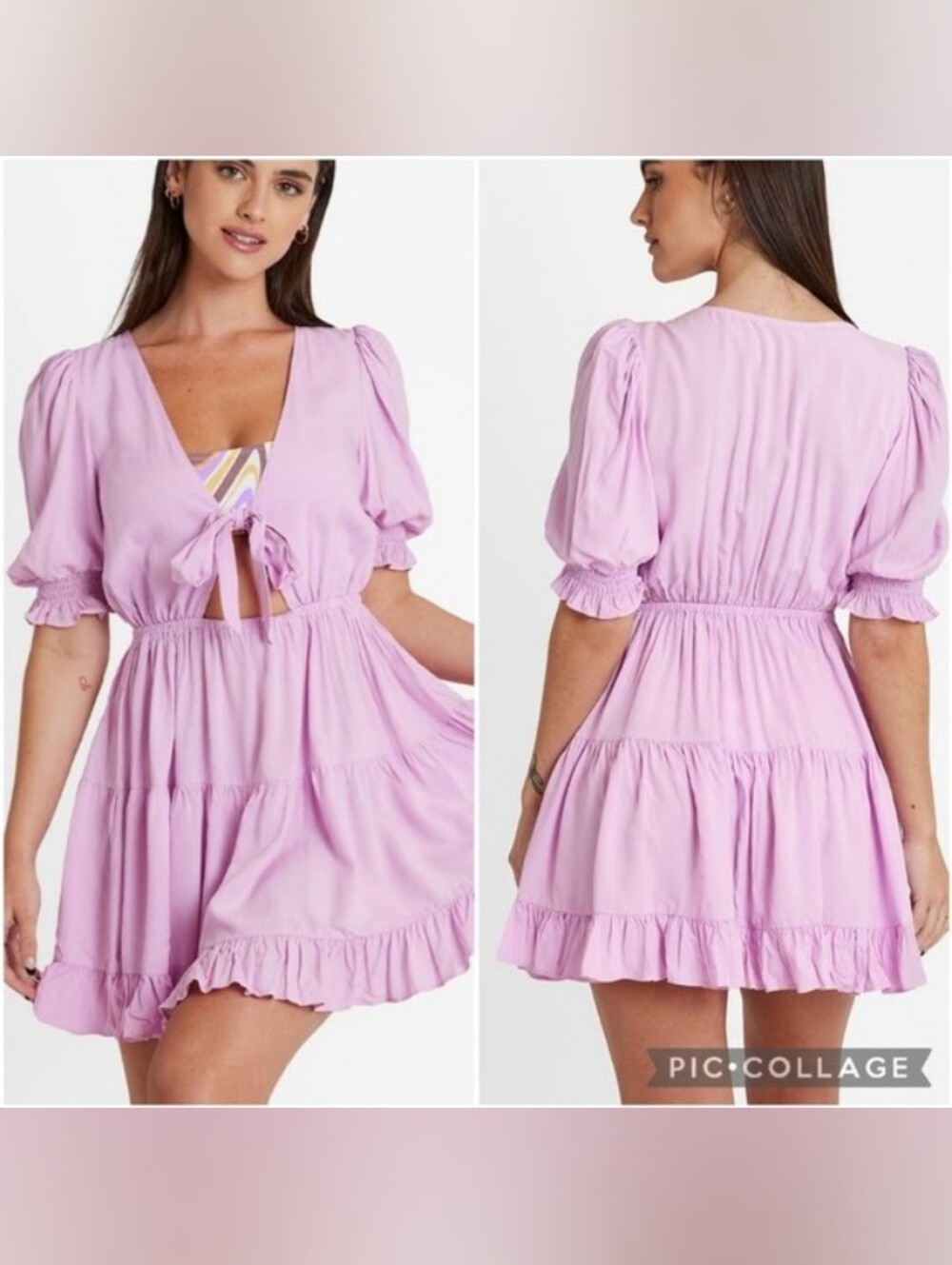 Cupshe x Jojo Fletcher Island Escape Puff Sleeve Tie Front Tiered Mini Dress NWT